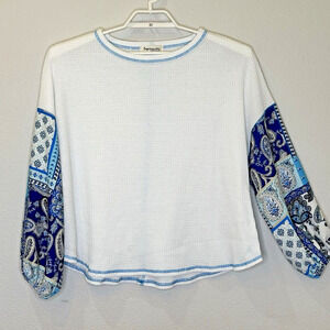 Impressions Women's Top Sz Medium White Waffle Weave Blue Patchwork Long Sleeves